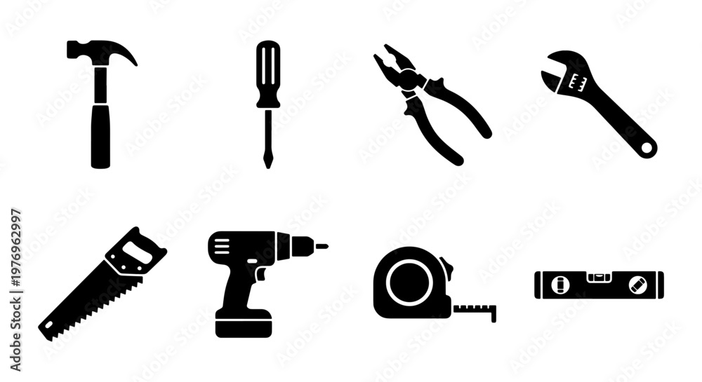 Fototapeta premium Construction hand tools icon set, 8 repair tool silhouettes, hardware vector