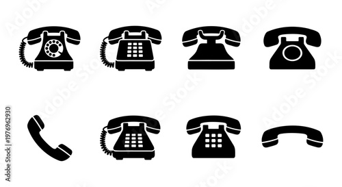 Vintage telephone icons set, retro phone vector symbols, 8 black web signs