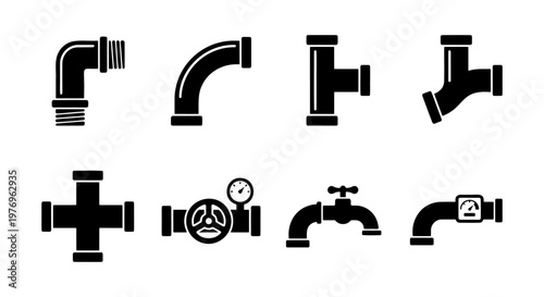 Industrial plumbing pipe icons, 8 black vector pipe fittings, water valve set