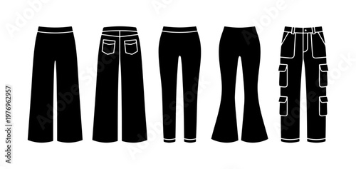 Black trousers vector set, fashion pants silhouettes, cargo and flare pants