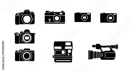 Camera icon set, black photography equipment vector, 7 digital camera signs