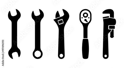 Mechanical wrench icon set, 5 hand tool vectors, repair shop equipment