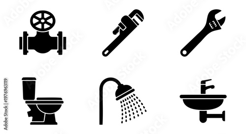 Plumbing service icons set, 6 black vector tools and bathroom fixtures
