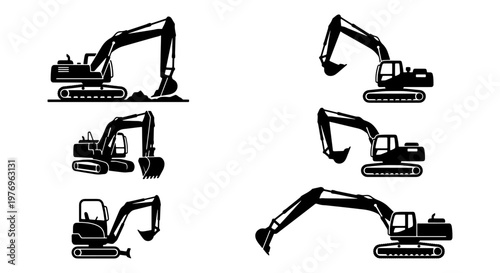 Excavator silhouette vector set, heavy construction machinery icons