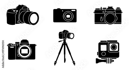 Camera icon set, digital photography equipment, 6 black vector silhouettes
