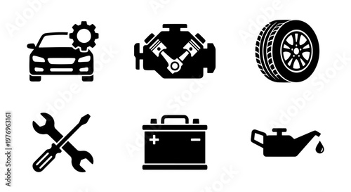 Car service icons set, automotive repair symbols, 6 vector garage signs