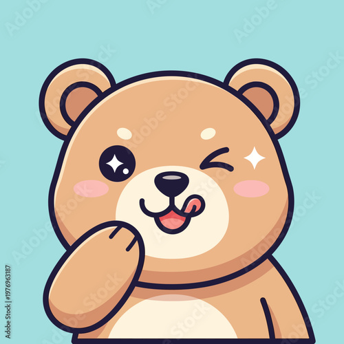Cute cartoon bear winking and licking its lips with a happy expression.