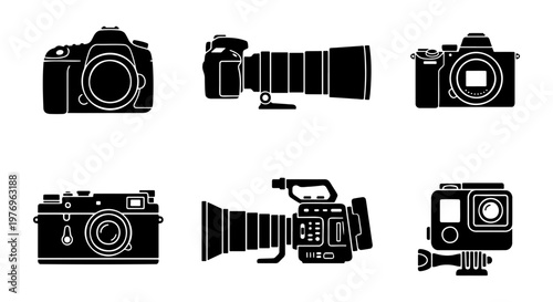 Camera icon set, black silhouette photography equipment, 6 vector icons