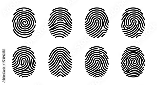 Fingerprint icon set, 8 black biometric thumbprint vectors, security symbols