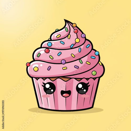 Cute Kawaii Pink Cupcake with Sprinkles and Frosting.