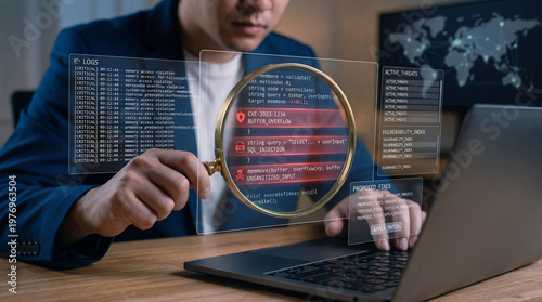 Professional cybersecurity analyst using a magnifying glass to inspect digital code on a holographic screen for vulnerabilities like buffer overflow and sql injection in a high-tech office environment