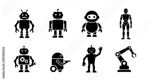 Robotic icon set, black robot silhouettes, 8 industrial droid vectors
