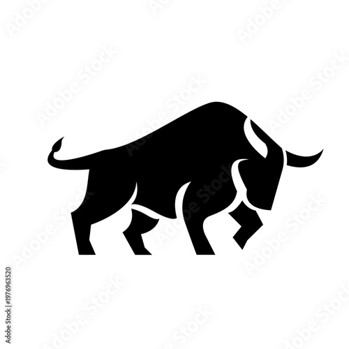 Strong Bull Silhouette Logo Design. Black and White Stylized Powerful Animal Symbol.