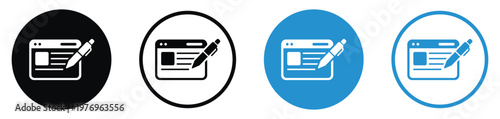 Browser window with a pencil icon representing website editing or blog management. Vector illustration set in four styles including solid and outline circles for digital design projects.