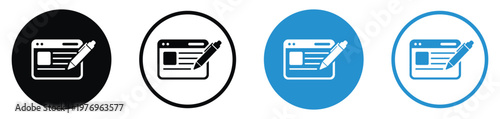 Browser window with a pencil icon representing website editing or blog management. Vector illustration set in four styles including solid and outline circles for digital design projects.