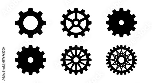 Industrial gear icons set, black cogwheel vector, mechanical engine parts