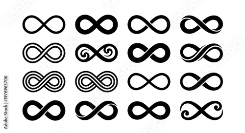 Infinity symbol collection, 16 black loop icons, eternal vector set
