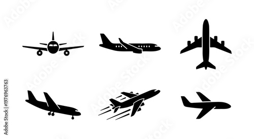 Airplane silhouette icons, 6 aircraft vector set, aviation flight symbols