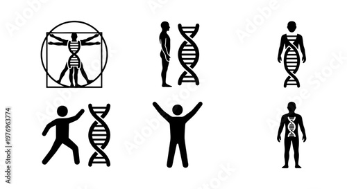 Human DNA icons set, genetic science symbols, 6 medical vector elements
