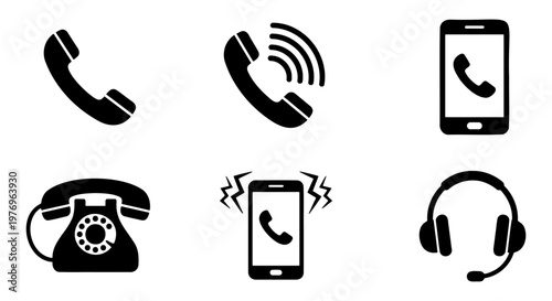 Telephone icon set, 6 communication vector symbols, black phone silhouettes