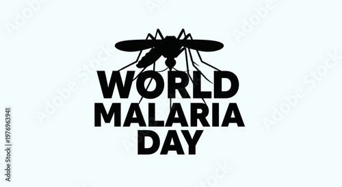 World Malaria Day typography with a prominent black mosquito icon, isolated white background.