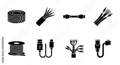 Electrical cable icons, 8 wire and connector vector set, power cord symbols