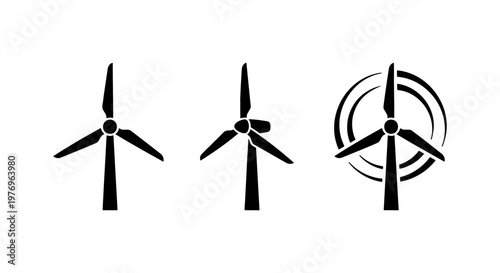 Wind turbine icons, renewable energy silhouettes, 3 vector elements