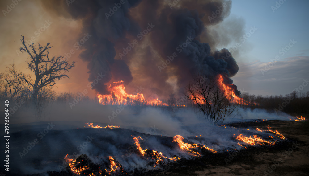 Fototapeta premium Large wildfire burning through dry vegetation with thick black smoke rising against the sky
