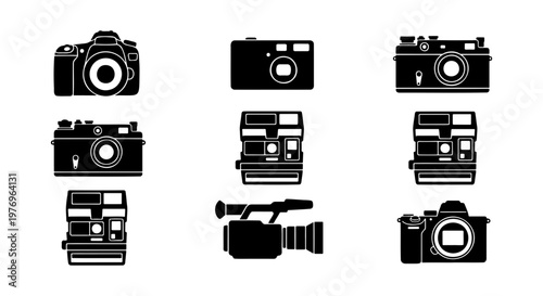 Vintage camera icons set, retro photography equipment, 9 black vector signs