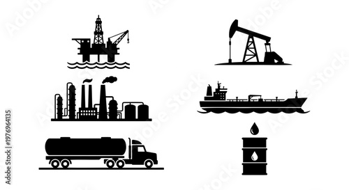 Industrial oil and gas icons, petroleum energy production vector set