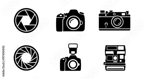 Photography camera icon set, 6 black vector icons, digital and film cameras