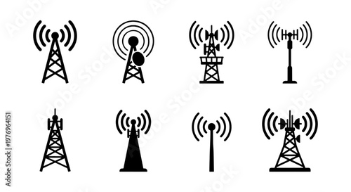 Radio tower icons, 8 telecommunication antenna vectors, signal mast set