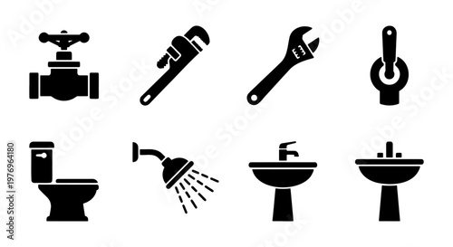 Plumbing service icons, 8 bathroom fixture vectors, repair tool set