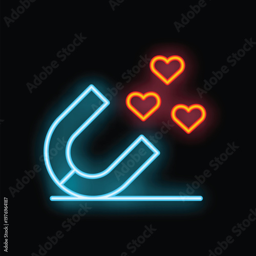 Glowing neon icon of a magnet attracting hearts symbolizes the irresistible allure of love and connection