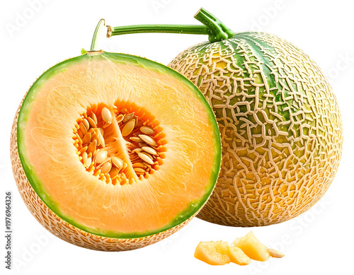 Ripe, juicy melon, halved to reveal vibrant orange flesh and seeds