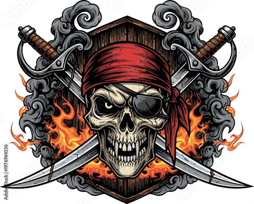 Pirate Skull and Swords Vector Design Featuring Crossed Sabers, Flames, and a Bandana for Pirate, Skull, and Adventure Designs