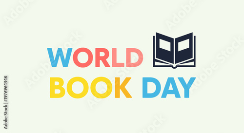 World Book Day colorful typography with a dark book icon on a light green background.