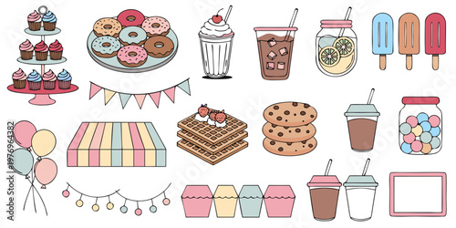 Seamless vector illustration of a cute bakery food set featuring chocolate cupcakes with cherry cream and vintage candy patterns for birthday dessert design