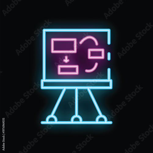 Neon icon of a flipchart showing an algorithm for project management with a diagram and graph
