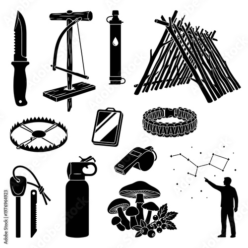 Wilderness survival gear set, featuring knife, fire bow drill, emergency shelter, and outdoor tools