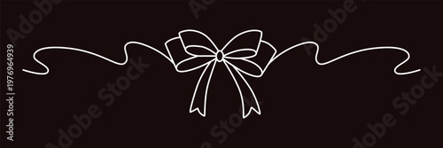 Hand drawn girly coquette bow ribbon banner. Editable stroke line. Vector stock illustration isolated on black background for design template birthday, wedding, Christmas card, invitation, sale