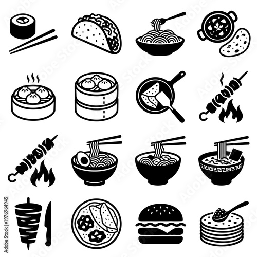 World cuisine icon set: sushi roll, taco, pasta bowl, dim sum, ramen, burger, and kebab