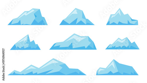 Collection of stylized blue icebergs and icy mountains white background winter