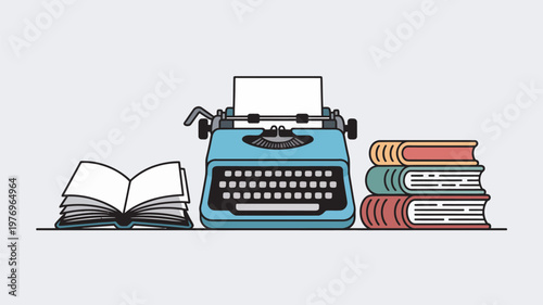 A vintage typewriter surrounded by stacks of colorful books and an open book on a clean white background.
