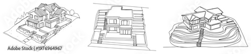 Foto Perspective views of modern residential houses on hillsides in clean line art st