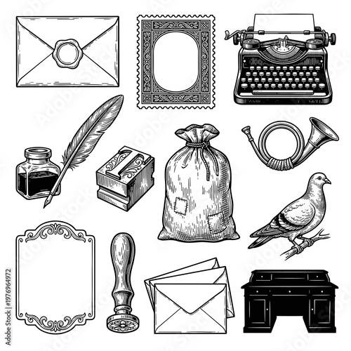 Vintage mail set icons: old typewriter, inkwell, quill, wax seal, and carrier pigeon silhouettes