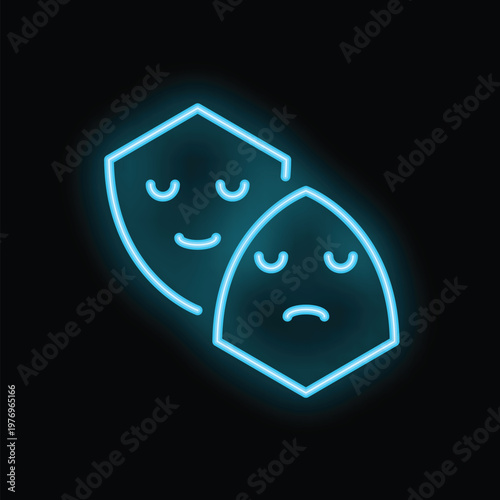 Blue neon sign showing happy and sad theatre masks on black background, concept of duality