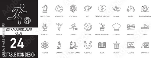 Extracurricular Club editable line Icon Set . included leadership, campus,   learning,  sports,  activities, development,  music, art ,  symbols,  and more icon.