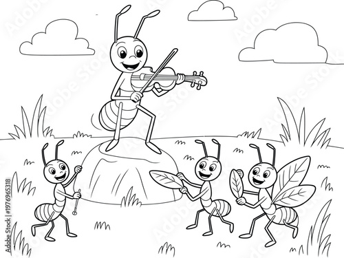 happy ants playing music in a field