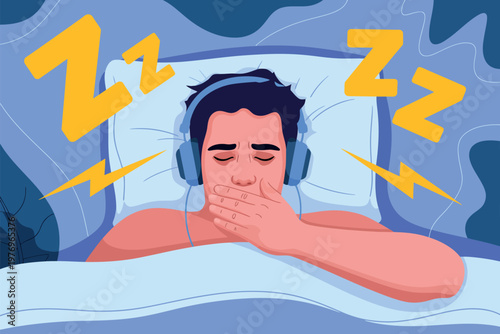 A man sleeping peacefully in bed with headphones on his head